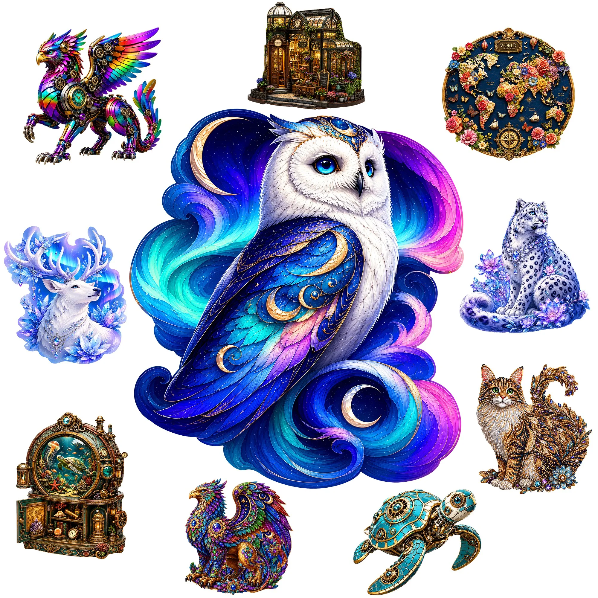 Fantasy Owl and colorful Animal Art Wooden Animal Jigsaw Puzzle Gift Toy Brain Teaser Unique Gift Idea for Any Occasion