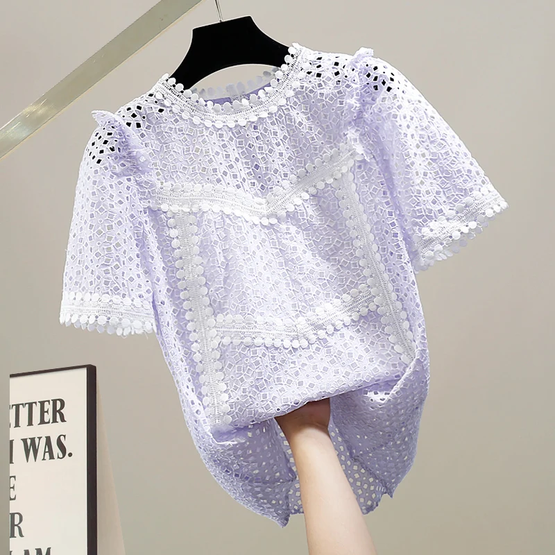 

Faionable Heavy Embroidery Lace Trim Color Blo ort Sve Top Strap Vest Ele Lace irt Korean Sle Cotton Blend