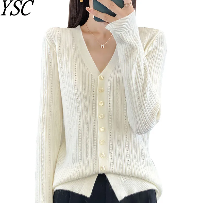 2024 New Pattern Women Knitwear Cashmere Wool Cardigan V-Neck Long Sleeve Hollow out Decoration Loose style Fit Clothing Tops