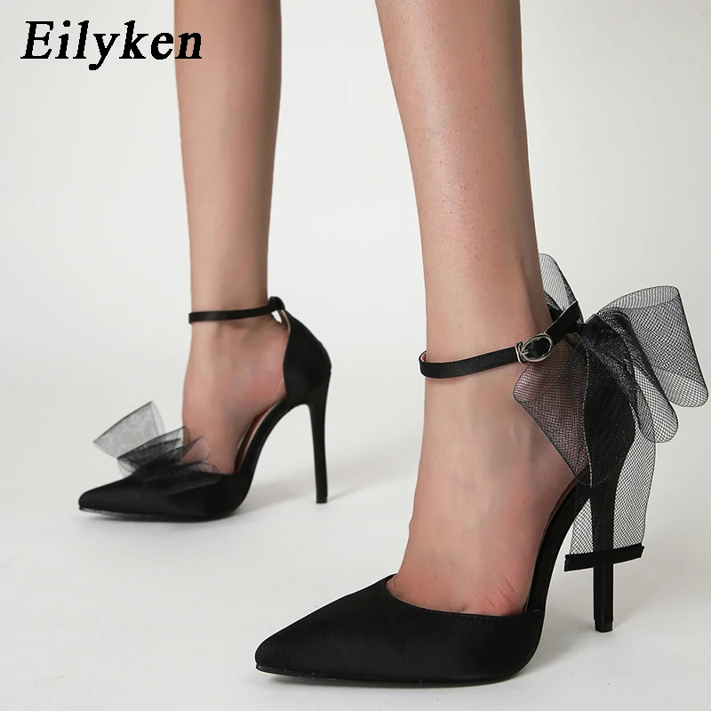 Eilyken Fashion Silk Bowknot Satin Women Pumps Summer Pointed Toe High heels Party Wedding stripper heels Lady Shoes