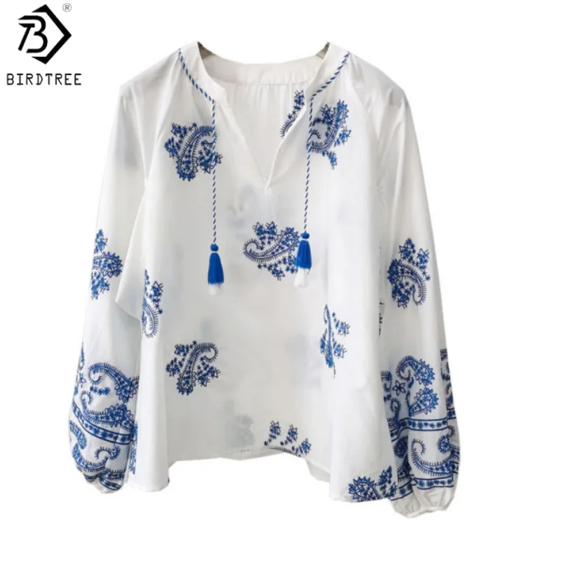 Birdtree,16MM 27.7% Silk 72.3% Cotton Blouse,Women's Embroidery Tassel Casual Tops,Lantern Sleeve Pullover,2026 New T61322JF