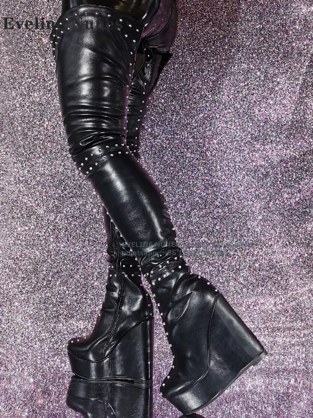 Platform Wedges Rivet Black Over The Knee Boot Plus Size Round Toe Thick Sole Height Increasing Sexy Zipper Closure Modern Boots