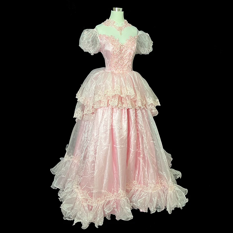 Anxin sh Vintage Prinzessin rosa Blume Spitze Illusion o Hals Perlen Perlen kurze Puff ärmel Rüschen schnüren antike Hochzeits kleid