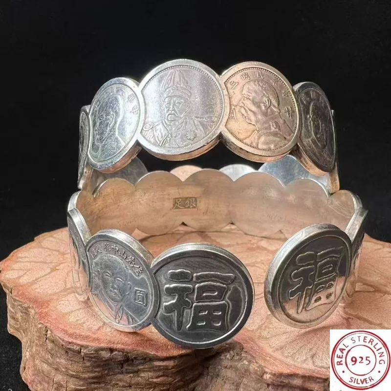 

925 Style Silver Vintage Yuan Datou Coin Bangles, Antique Republic of China Silver Dollar Replica, One Pair