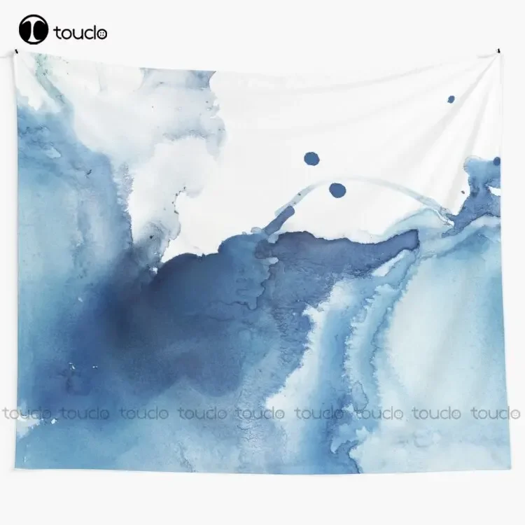 Tapiz de pintura de tinta abstracta de mar azul índigo, tapiz amarillo, manta, tapiz, colcha de dormitorio, decoración artística para el hogar