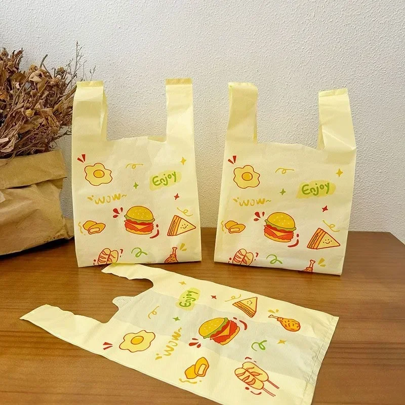 Yellow Handheld Plastic Bag Hamburger Sandwich Sausage Take Out Food Packing Bags Cartoon Cute Pattern Portable Packaging Bag