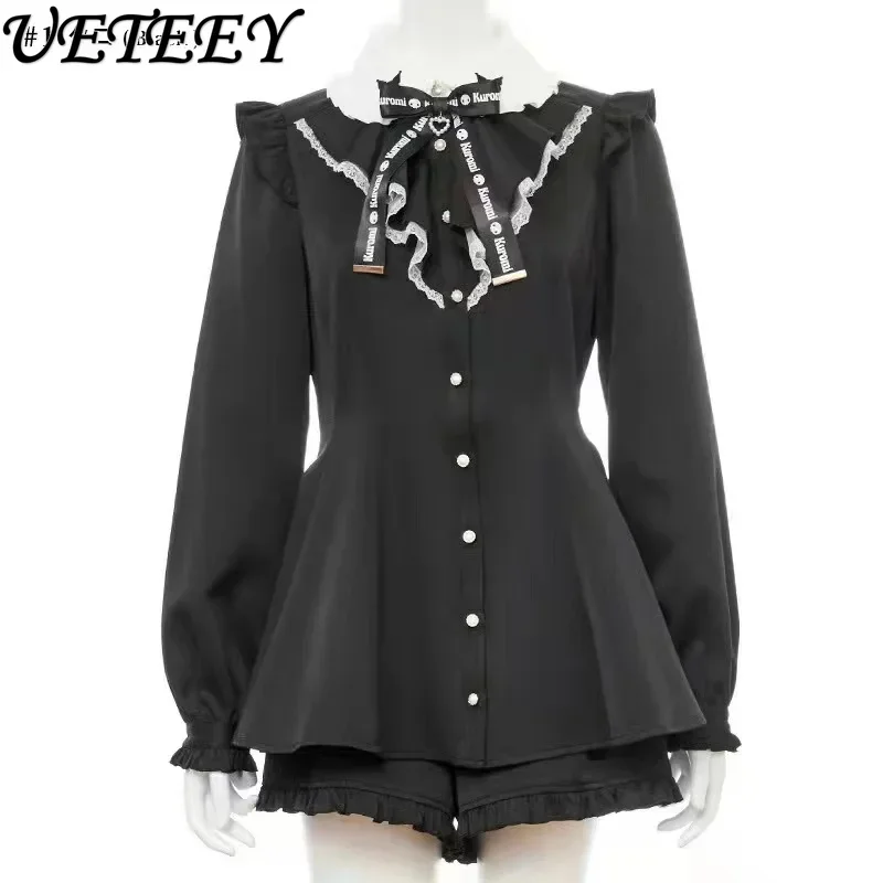 Mine Lapel Long Sleeve Mine Series Mass-Produce Shirt Fitted Waist Sweet Top Black Primer Shorts Pantskirt Japanese Lolita Dress