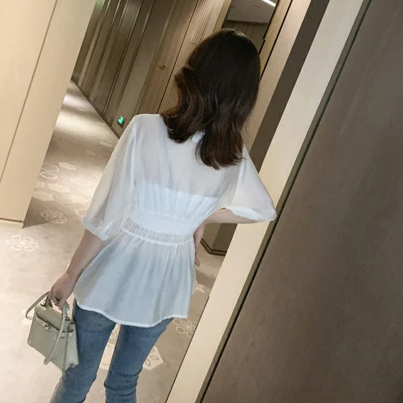 2019 Summer Women Special Design Elegant Chiffon Blouse Slim Shirt Korean Fashion Solid Casual Short Sleeve White Shirt Tops