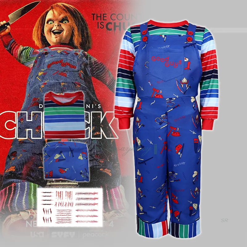 

Kids Ghost Baby Chucky Cosplay Costume Set Horror Film Style Undershirt Overalls Tattoo Sticker Halloween Carnival