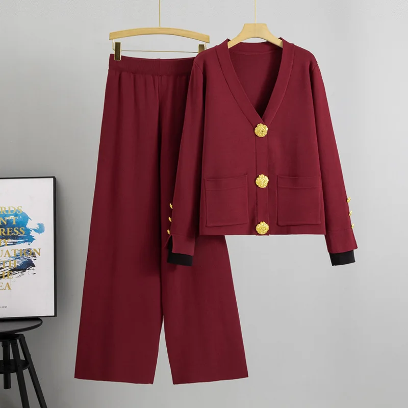 Herfst Winter Mode Vrouwen Gebreide Trui Set Grote Gouden Knop V-hals Vest Jassen Losse Hoge Taille Wijde Pijpen Broek pak B649