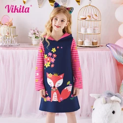 VIKITA Girls Hooded Dress Kids Autumn Winter Long Sleeve Thick Dress Girls Squirrel Flower Cotton Casual Hoodies Dresses 3-12 Y