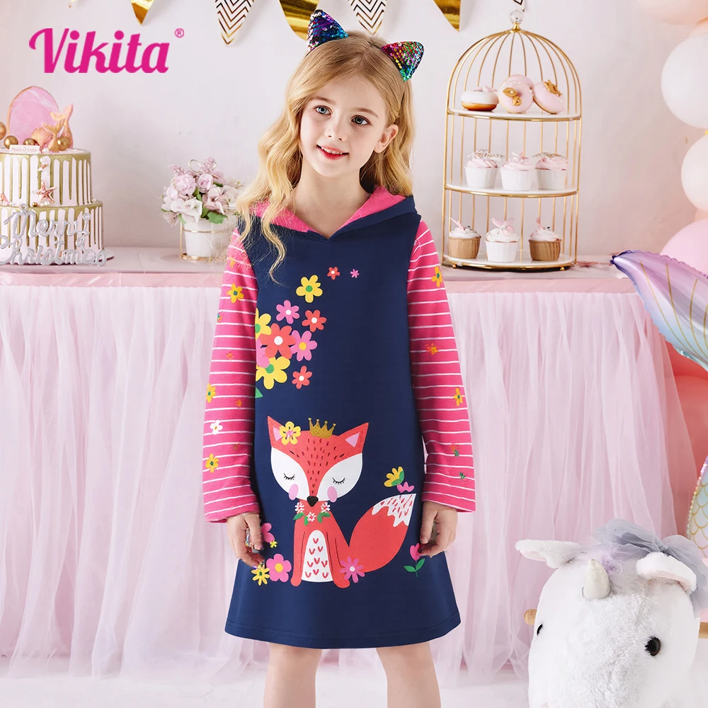 VIKITA Girls Hooded Dress Kids Autumn Winter Long Sleeve Thick Dress Girls Squirrel Flower Cotton Casual Hoodies Dresses 3-12 Y