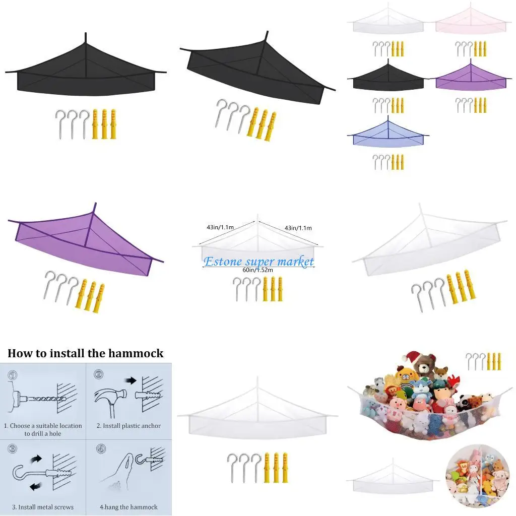 

090B Breathable Mesh Kids Storage Hammock For Stuffed Animals Car Plush Toy Easy Install Wall Mount Toy Net