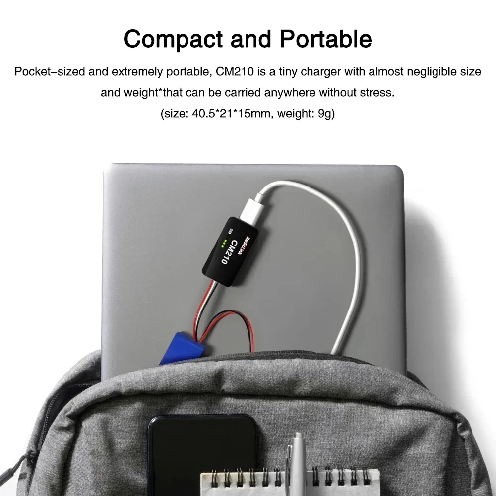 Ładowarka do akumulatorów LiPo Radiolink CM210 Faster 2s, mini rozmiar, złącze USB typu C, zasilanie samodostosowujące się.