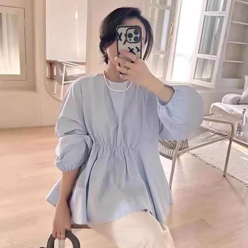 Neploe Simple O-neck Loose Shirts Women 2024 Spring New Slim Waist Ruched Blouses Y2k Long Sleeve All-match Blusas Mujer