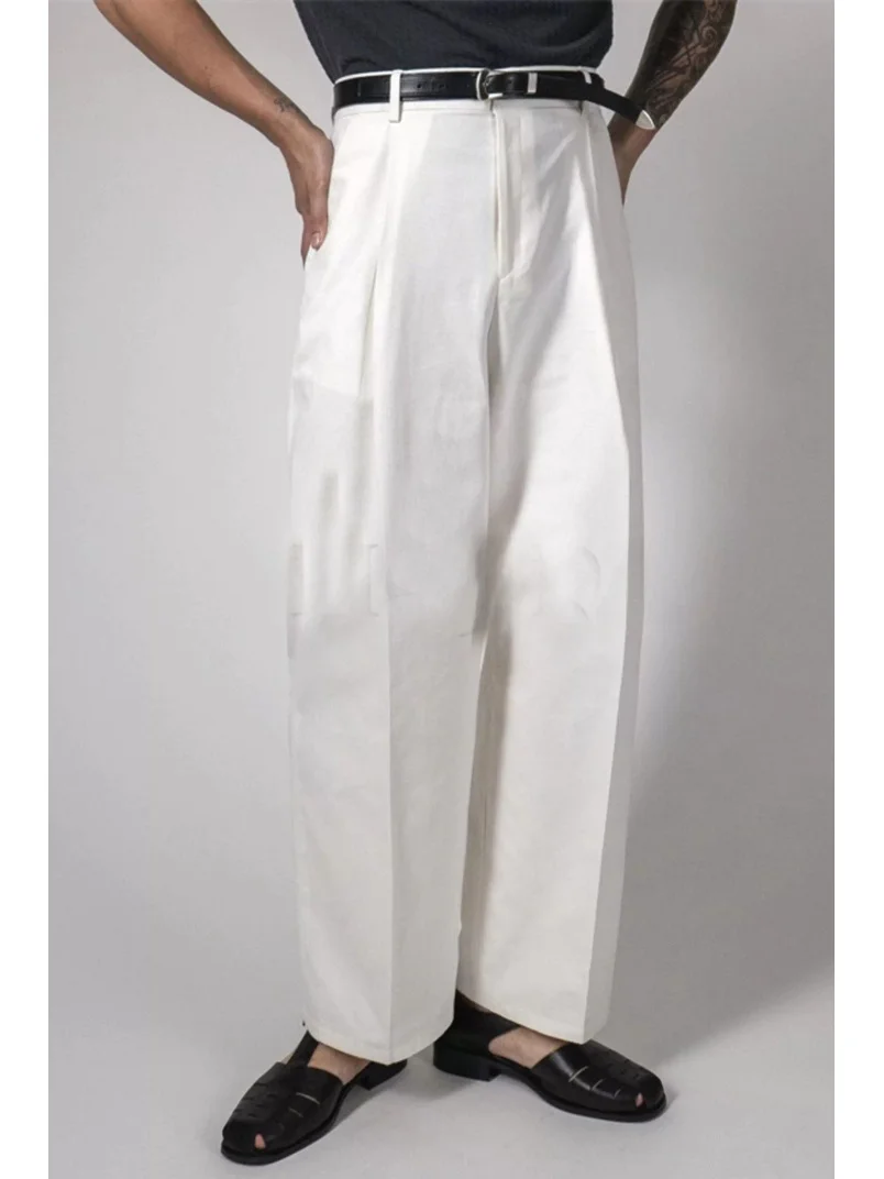 

Белые брюки для спецодежды, мужские свободные прямые брюки без железа, жесткие мужские полуэластичные брюки на пуговицах, повседневная одежда