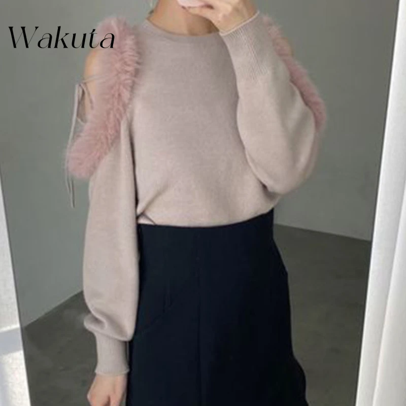 WAKUTA Japanese Spring/Autumn Retro Round Neck Off Shoulder Splicing Hairy Sleeves Knitte Shirt Strap Slim Fit Knitted Pullovers