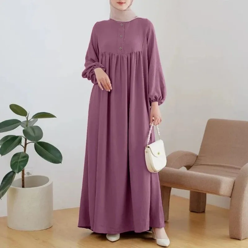 

Muslim Women's Long Robe For Spring Summer, Loose And Casual With Bubble Sleeves, Solid Color Wooden Buckle Dress