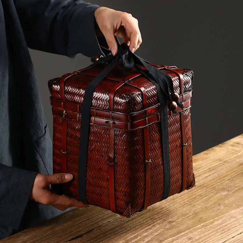 Square Bamboo Woven Storage Box for Tea Ceremony Accessories Vintage Style Cage Organizer Basket with Lid Portable Case for