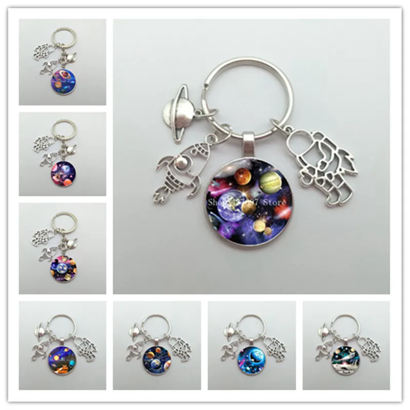 Solar System Planetary Keychain Milky Way Nebula Glass Pendant Keychain Space Astronaut Pendant Fashion Men's Car Keychain