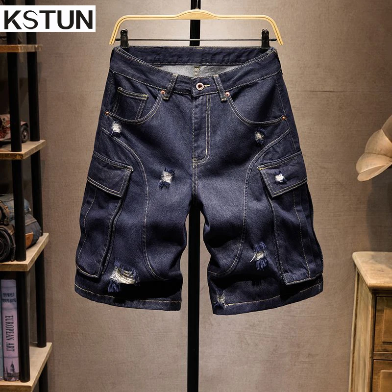 

KSTUN Lyocell Men's Summer Denim Shorts Jeans Ripped 2025 Men Cargo Jeans Oversize Loose Shorts For Men Blue Knee Length Pants