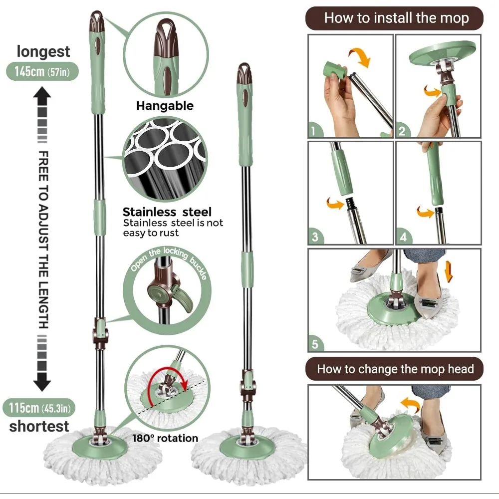 Imagem -06 - Spin Mop e Balde com Wringer Grupo Sistema de Limpeza de Piso com Pedal Fácil Wring Alça Ajustável