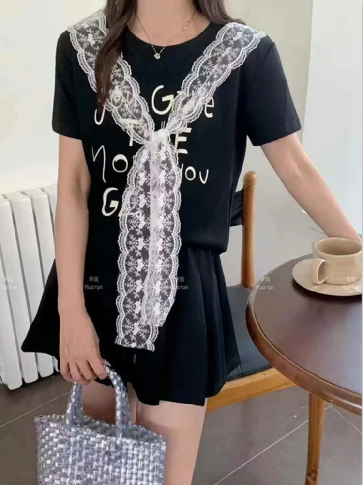 

2025 summer versatile short sleeved lace ribbon temperament letter printed waist cinching pleated skirt two-piece set