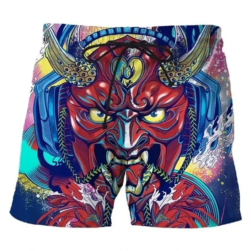 Vintage Japanese Tattoo Mask 3D Print Beach Shorts Men Women Summer Casual Swimtrunks Surfing Board Shorts Y2k Kids Clothing