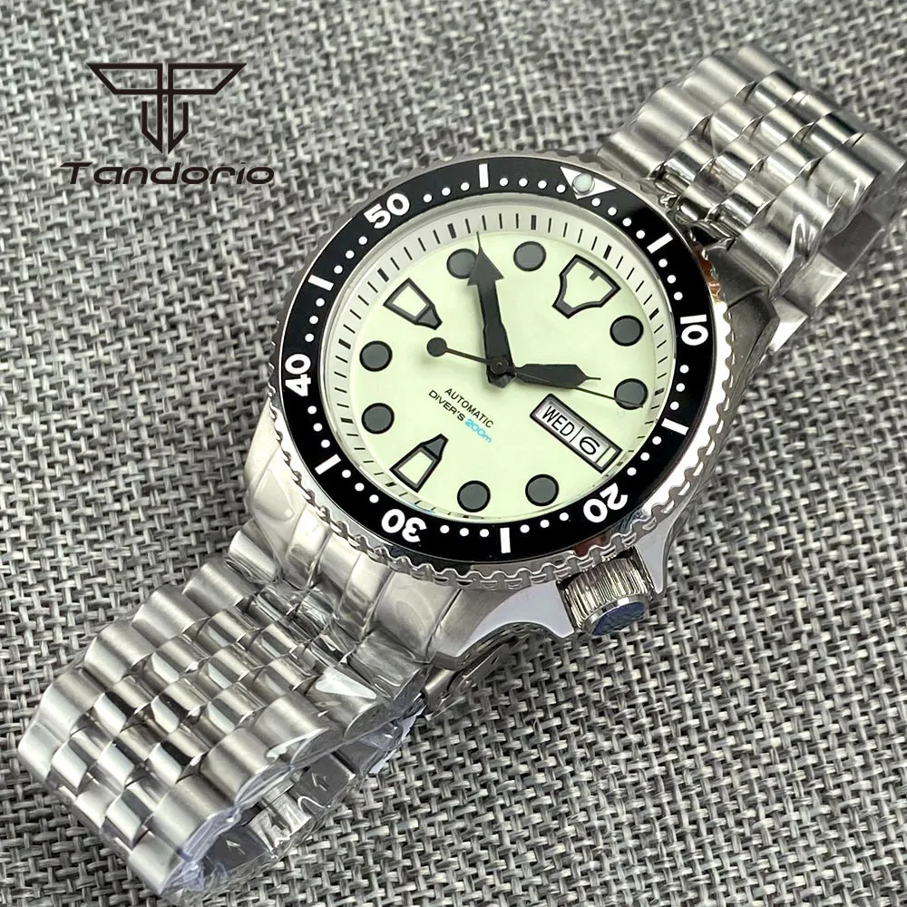 Tandorio NH36 Creamy Full Luminous Dial 20bar 41mm Dive Men Automatic Watch Week Date 3.8 Crown Sapphire Crystal 120-Click Bezel