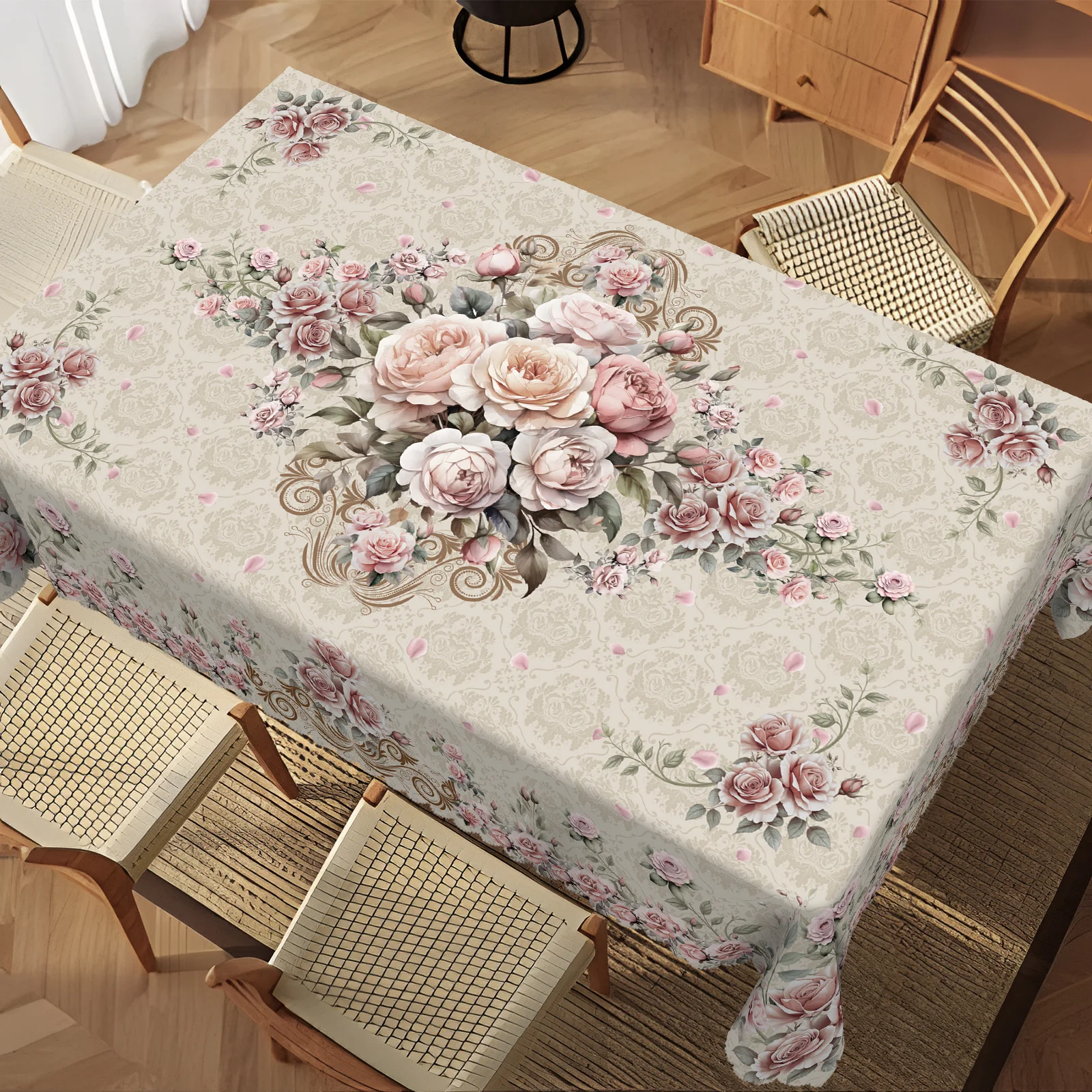 VIKAMA Mantel vintage de flores rosas - Mantel de poliéster con estampado floral - Mesa de comedor de cocina Decoración del