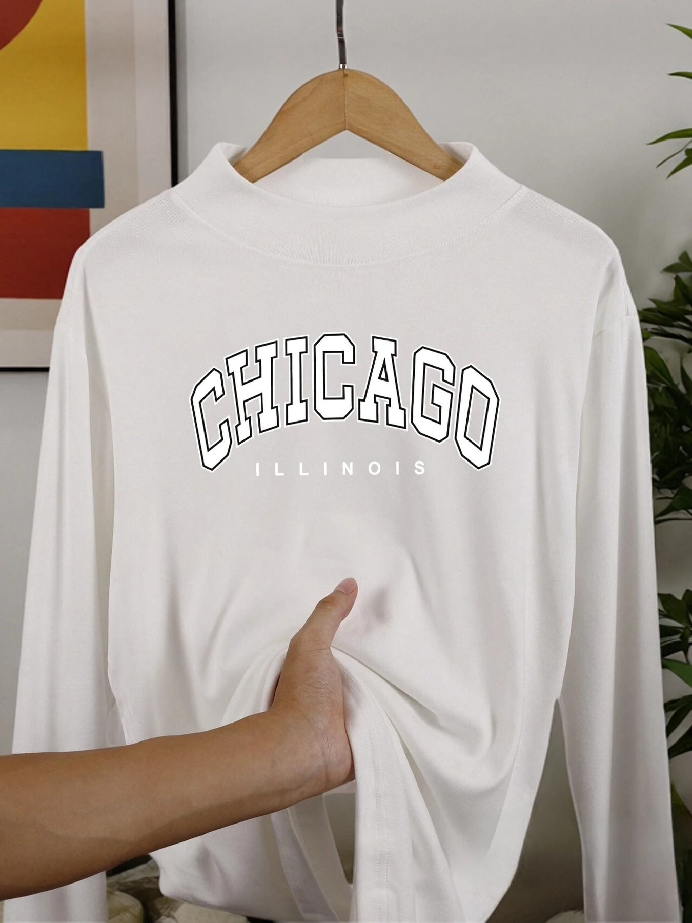 قميص Chicago Letter Logo بأكمام طويلة، قمصان ناعمة دافئة سميكة بنصف ياقة عالية، طبقة أساسية من الصوف المخملي، قمصان مناسبة دافئة