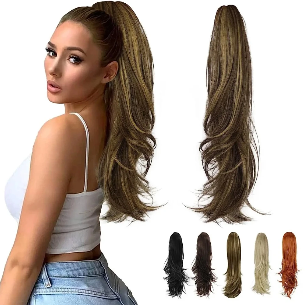 24INCH Versatile Drawstring Ponytail Extension Long Wavy Multi Layered Clip in Ponytail Hair Stand Up High Fake Pony Tail