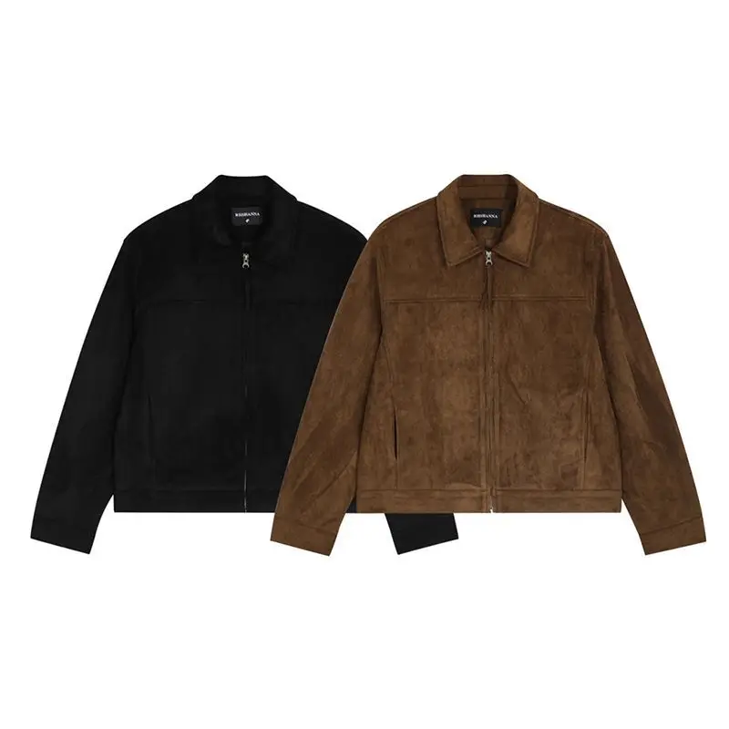 Unisex Japanese Retro Faux Suede Jacket Brown Zip Cargo Jacket Men Women Oversized Casual Streetwear Utility Outerwear Coat