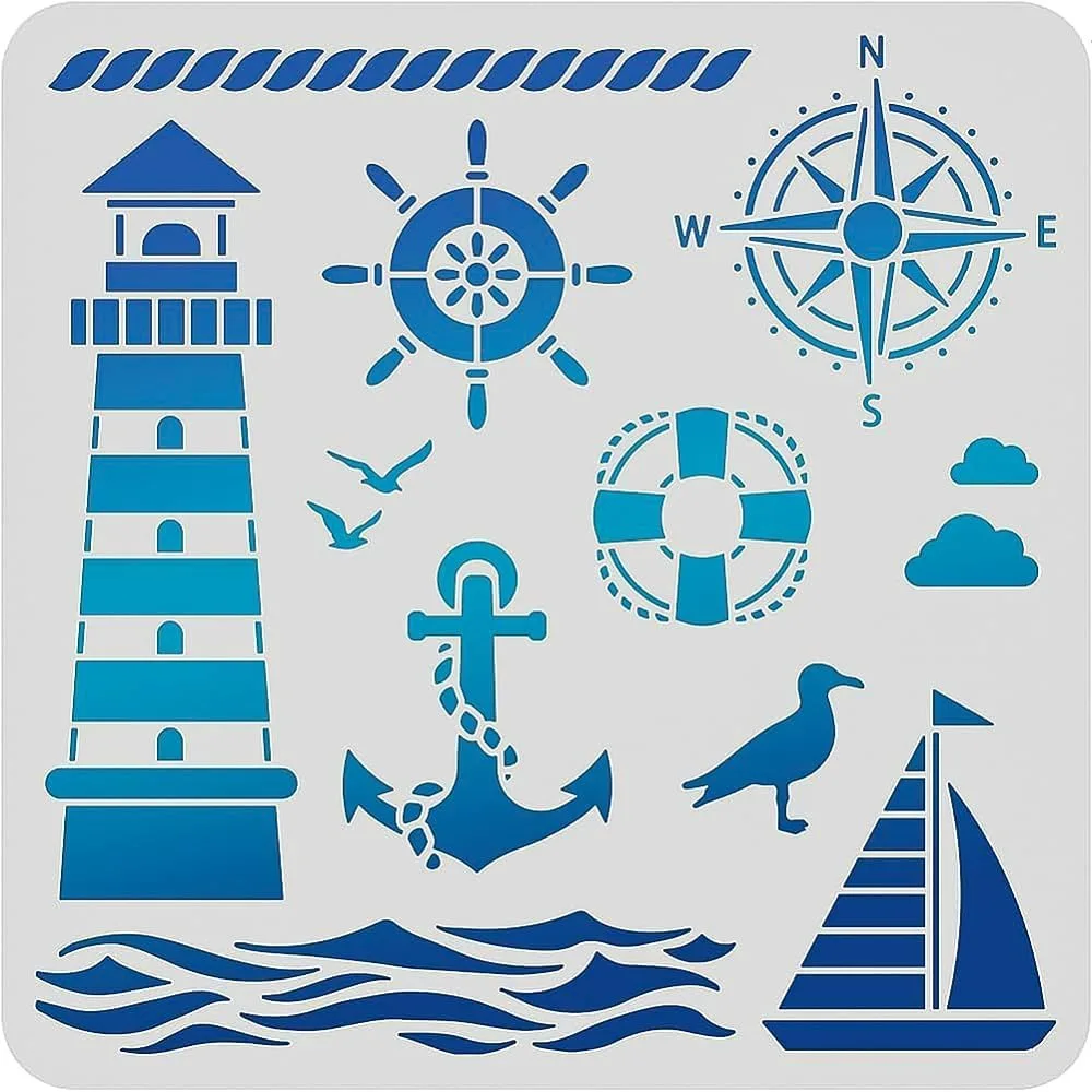 Lighthouse PET Plastic Drawing Templates 11.8x11.8 Inch/30x30cm Compass Anchor Template Stencil for Scrabooking Card Making