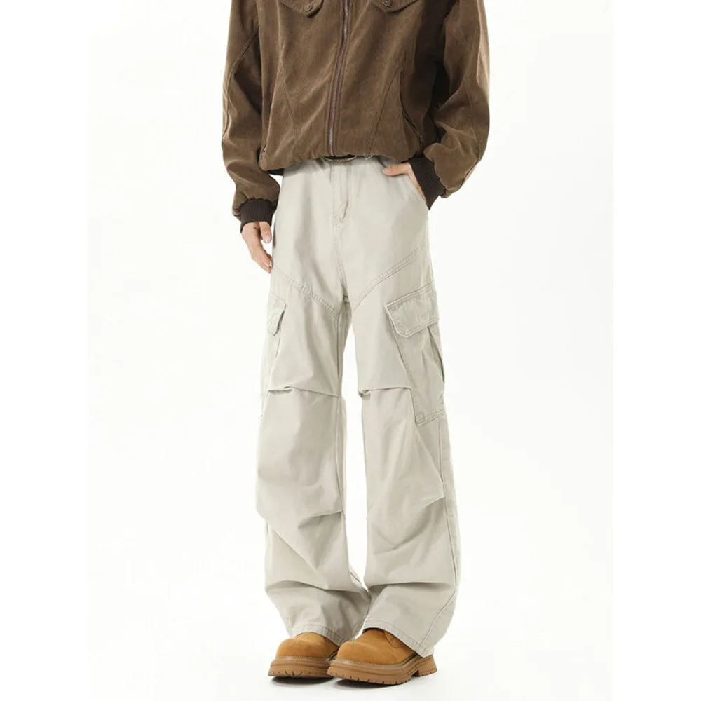 

Мужские весенние однотонные прямые широкие брюки карго с множеством карманов, повседневные, модные, базовые, стильные, мужская модная одежда