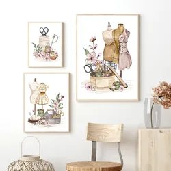 Watercolor Sewing Machine Thread Spool Crochet Poster Prints Canvas Painting Wall Art Picture for Dressmaker Craft Room Decor