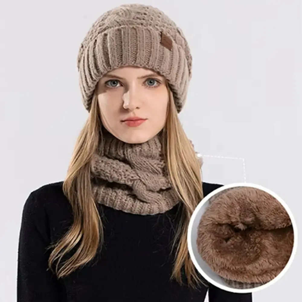 2Pcs/Set Casual Windproof Knitted Hat Scarf Set Thickened Keep Warm Beanies Cap Cold-proof Ear Protection Cap Winter