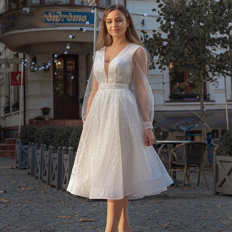 

Graceful White Ivory Long Sleeves Scoop Wedding Dresses 2025 A-Line Sequin Knee Length Beach Bridal Gowns Custom with Sash