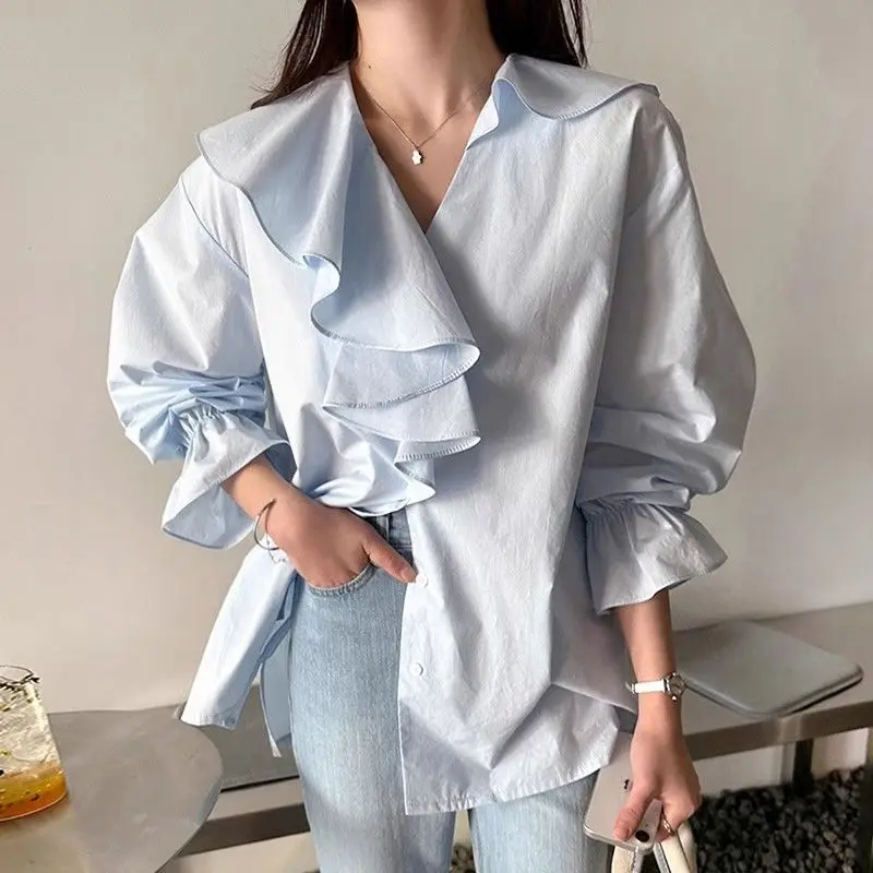 

Autumn New Fashion Commuting Ruffled Patchwork Women V-neck Shirt Loose Simple Solid Color Female Long Sleeved Blouses