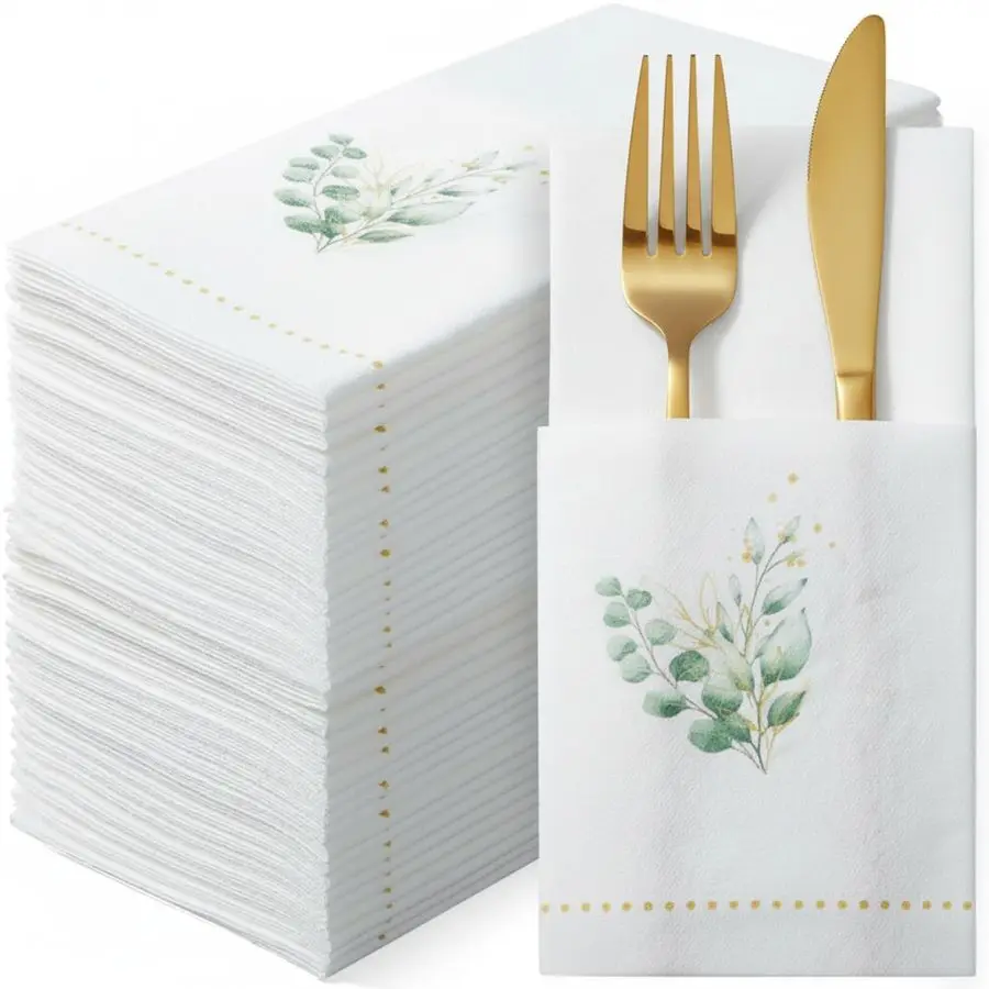 

100 Pack Christmas Golden Eucalyptus Linen Disposable Napkins with Silverware Pockets 16x16 Festive Green Dinner Napkins for Hol