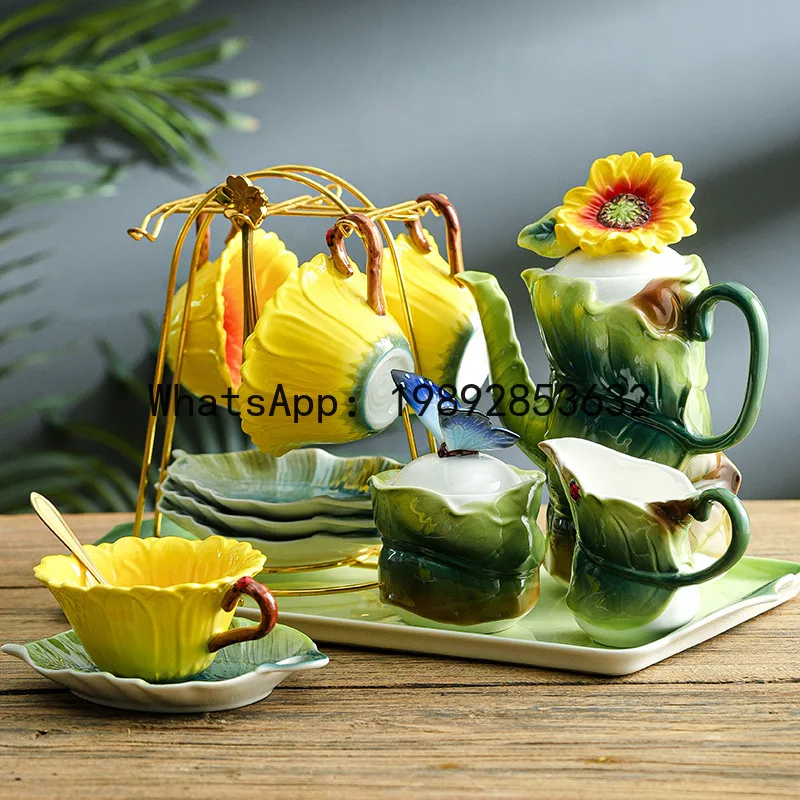 Ceramic Tea Set Sunflower Coffee Cup Teapot Embossed Flowers Afternoon Tea Accessories Leaf Saucer Flower Mug Ceramic Mug