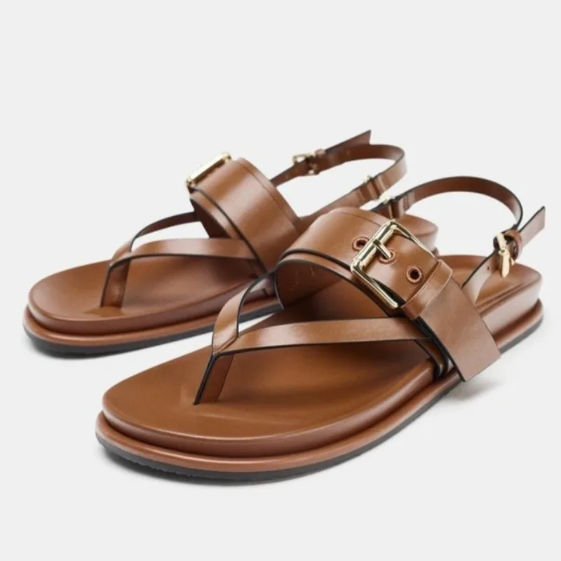 

Fashion Metal Buckle Decoration Flat Sandals Women Sexy Clip Toe Back Strap Gladiator Sandals Summer Vacation Beach Flip Flops