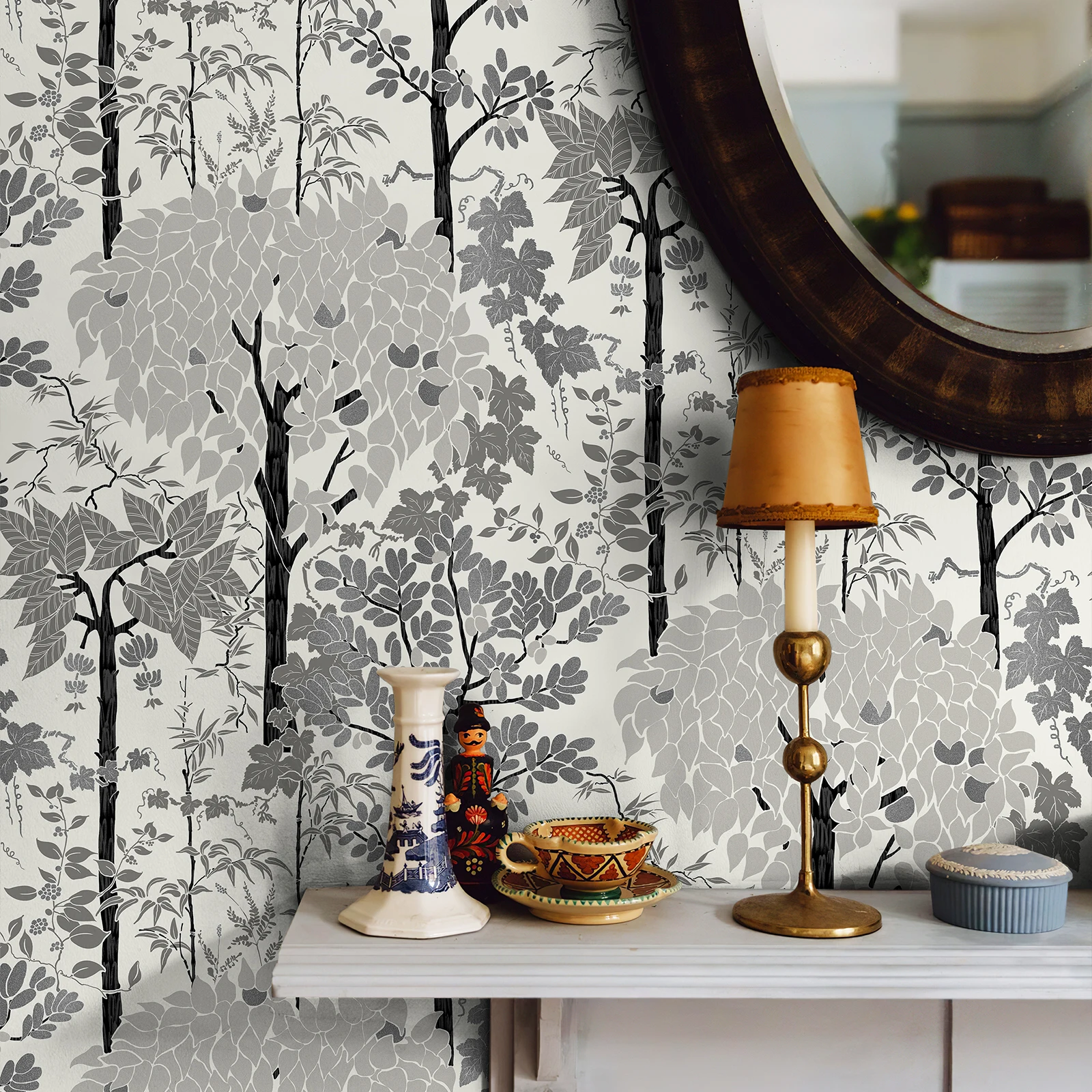 

Серые неклейкие лесные обои Традиционный безклеиваемый лесной лист Водонепроницаемый и маслостойкий декор стен