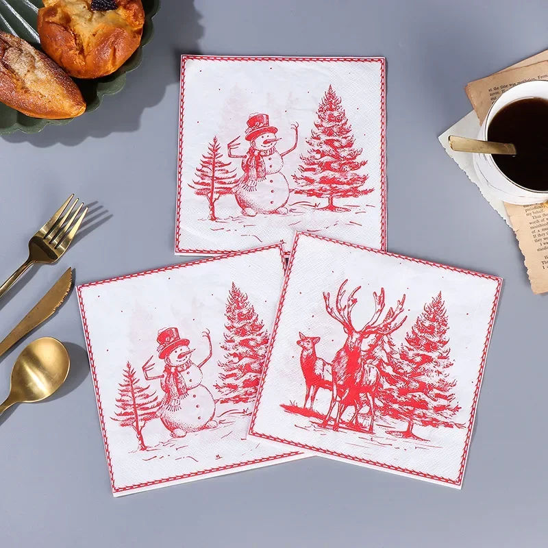 10/20pcs 33cm 2-Ply Red Christmas Tree Christmas Snowman Sketch Handkerchiefs Party Decoration Colorful Printed Paper Placemats