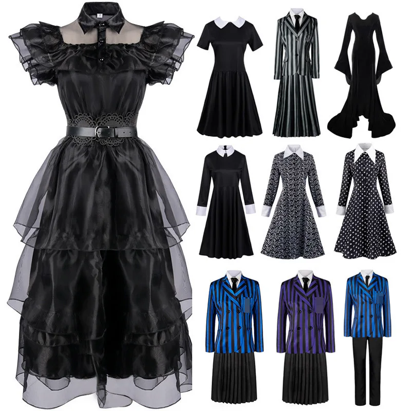 Halloween Black Print Dress Performance Costume Film TV Role Women's Clothing Dance Gown Cosplay Show Full Role Dress