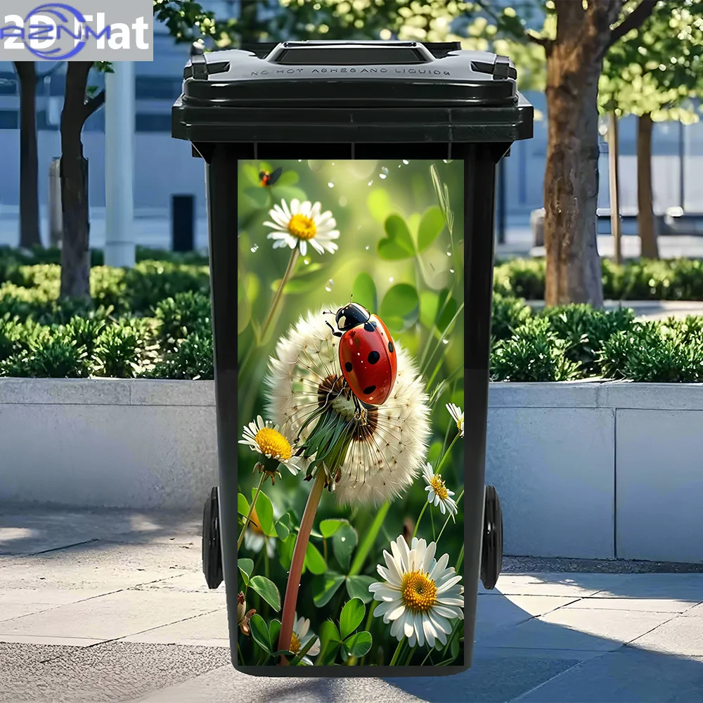 Vibrant Ladybug and Daisy Pattern Waterproof PVC Stickers with Adhesive for Trash Can Decoration, Wall Art, Home Decor, DIY Mu