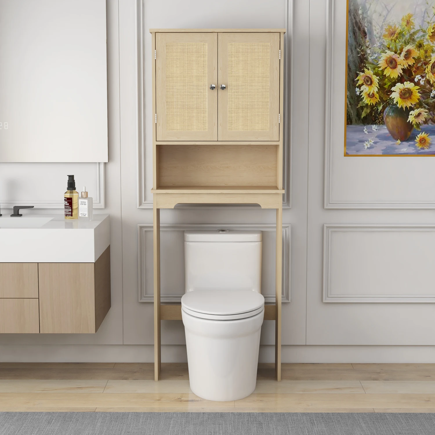 Over The Toilet Storage Cabinet, Bathroom Shelves Over Toilet with 2 Rattan Doors&Adjustable Shelves&Open Storage Shelf-Natural