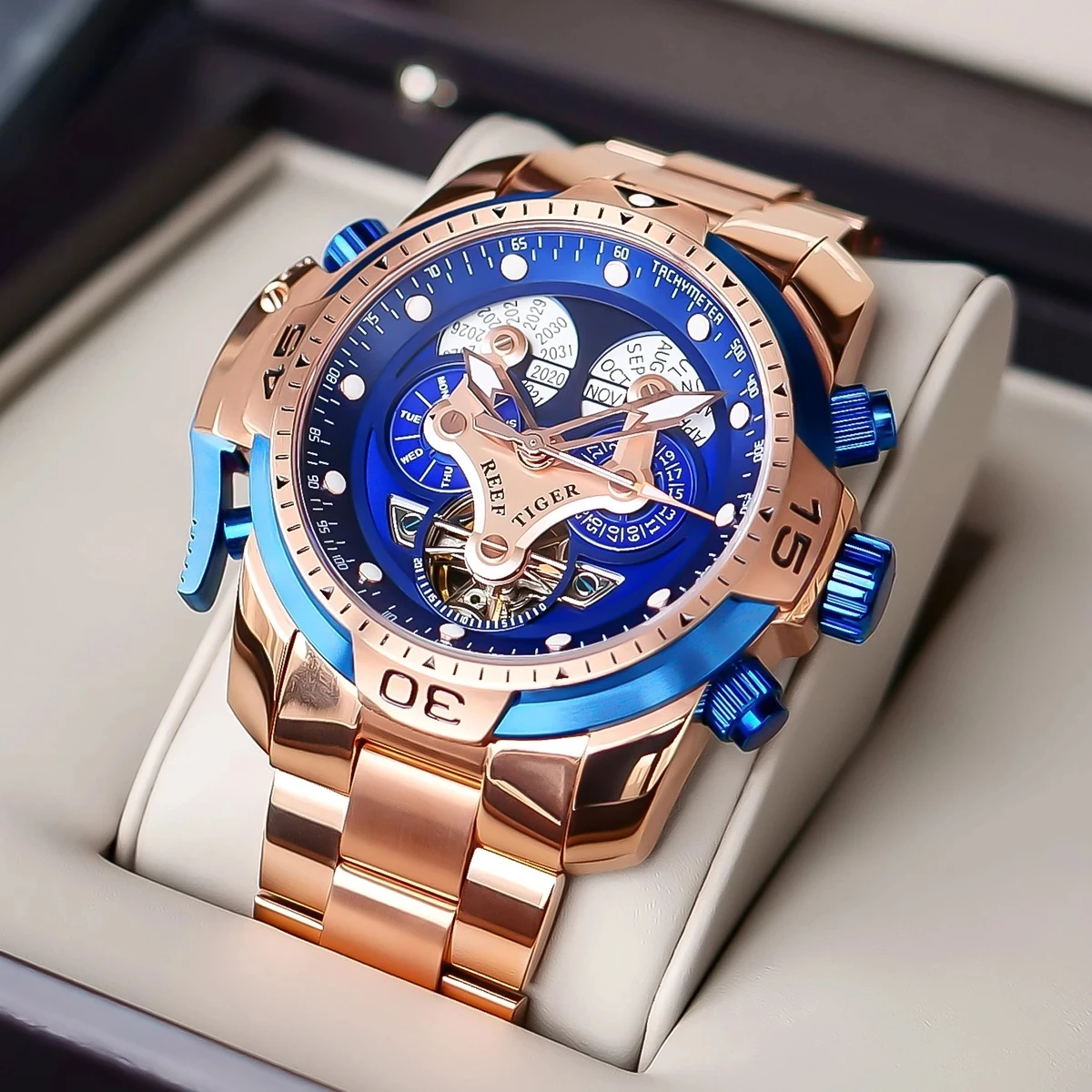 Reef Tiger/RT marca reloj deportivo para hombre cristal de zafiro reloj automático resistente al agua calendario de oro rosa reloj mecánico multifunción