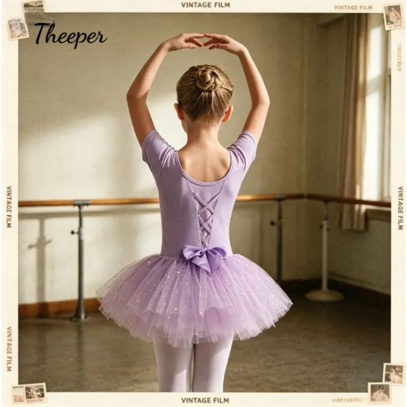 Orange Cotton Ballet Leotard Short Sleeve Tulle Tutu Skirt Soft Dancewear Training Exam Daily Practice Stage Performance Outfit