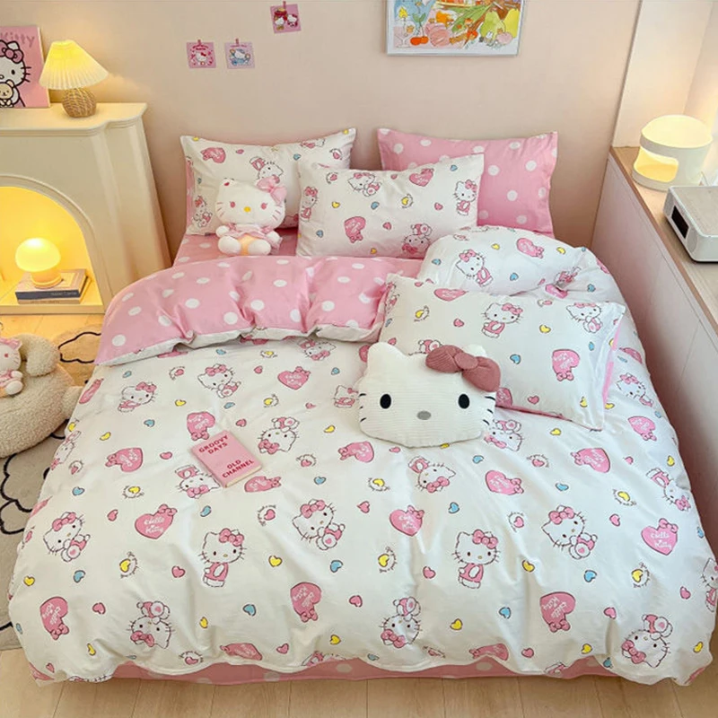 Hello Kitty Bedding Set Sanrio Kawaii Anime Set di quattro pezzi Cartoon Cute Bed Sheet copripiumino federa regali giocattoli per ragazze